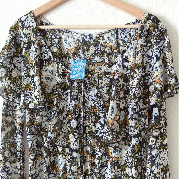 Free People Womens Bodysuit XS Black Floral Blouse Ruffle Long Sleeve NWT $78 - Picture 7 of 8